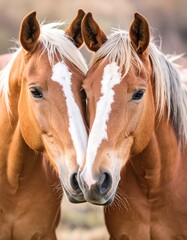 Obraz premium Two horses gently nuzzling each other. Close-up portrait