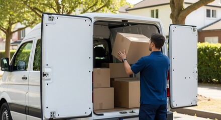 Delivery man loading boxes into a white van for transport.