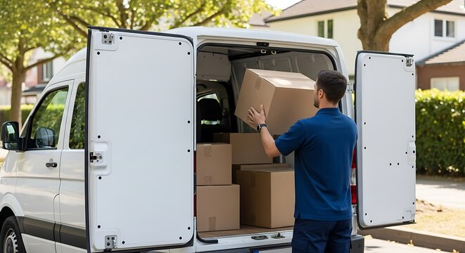 Delivery man loading boxes into a white van for transport.