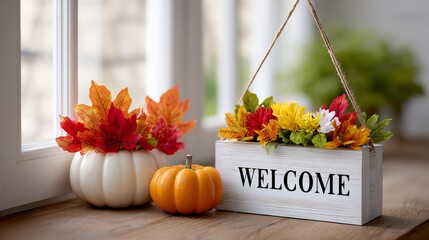 White sign with the word "welcome" written on it hangs over a table with a vase of flowers and two pumpkins