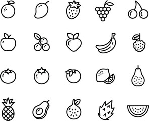 fruit, icon, vegetable, food, healthy, organic, fresh, illustration, drawing, graphic, design, set, collection, orange, mango, strawberry, grapes, cherries, apple, blueberries, peach, banana, raspberr