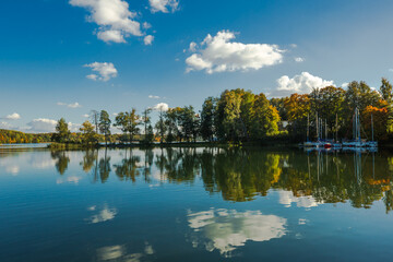 Obraz premium A picturesque autumn landscape on the shore of a lake. A line of trees rises above the smooth water, reflecting a blue sky with white clouds. Several sailing yachts are moored near the shore.