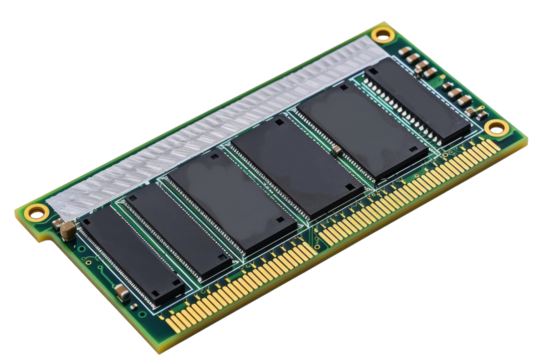 Exploring the intricate design of a modern computer memory module laid against a clean backdrop isolated on transparent background
