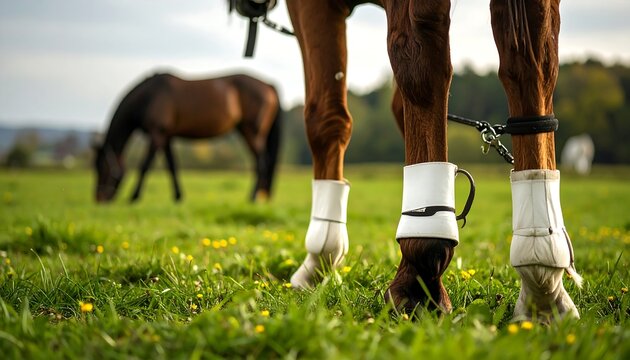 Two horses grazing in a field, close-up on the legs of one with protective boots