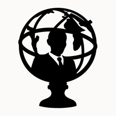 Silhouette of a businessman inside a globe on a stand representing global business and international trade