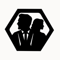 Silhouette of a man in suit and tie and a woman in a hexagon frame against a white background