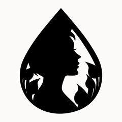 Silhouette of a woman's profile inside a teardrop shape surrounded by stylized leaves in black and white