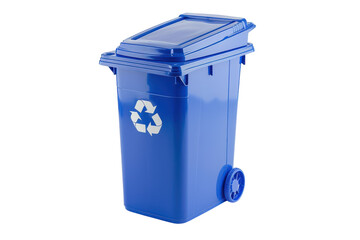 Bright blue recycling bin ready for eco-friendly disposal in a suburban neighborhood on a sunny day isolated on transparent background