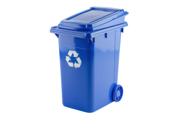 Bright blue recycling bin ready for eco-friendly disposal in a suburban neighborhood on a sunny day isolated on transparent background