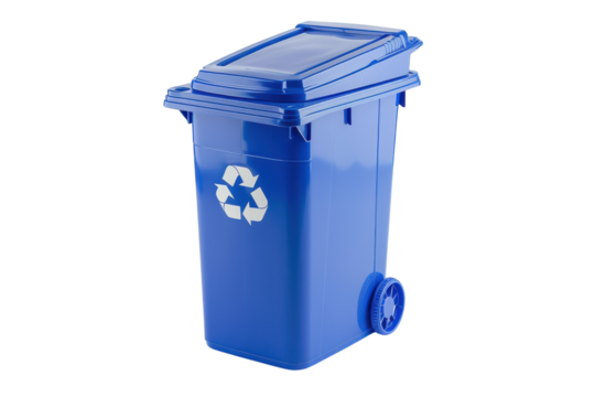 Bright blue recycling bin ready for eco-friendly disposal in a suburban neighborhood on a sunny day isolated on transparent background - Powered by Adobe