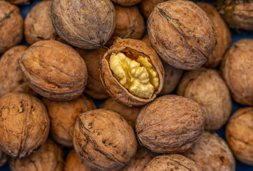 walnuts and kernels captured in a rustic natural setting. Some nuts are cracked open, revealing the rich interior texture, while others remain whole on a dark wooden surface. 
