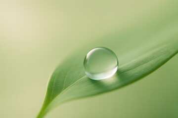 A pristine water droplet delicately resting on a vibrant green leaf, symbolizing natural purity, refreshing growth, and the serene essence of a clean environment