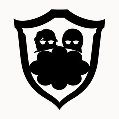 Shield emblem featuring two figures with sunglasses behind a cloud like shape in black and white design