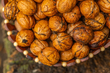 walnuts and kernels captured in a rustic natural setting. Some nuts are cracked open, revealing the rich interior texture, while others remain whole on a dark wooden surface. 