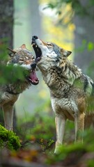 Two wolves in a misty forest, their mouths open wide