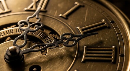 Close-up of an antique clock face with Roman numerals and ornate hands.