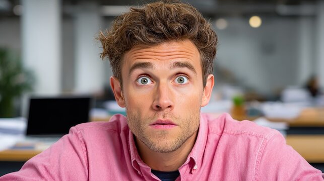Man with brown hair and a pink shirt is staring at the camera with wide eyes. He is surprised or shocked by something