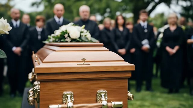 A solemn funeral ceremony outdoors with mourners in black attire dressed in formal suits and dresses holding white roses and a wooden casket decorated with floral arrangements during daytime with a