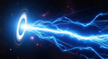 Blue plasma energy beam erupts from a wormhole in deep space.