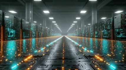 Vertical video of a futuristic data center with glowing server racks. Moving through a digital network corridor with flowing data lights. Big data and technology concept - Powered by Adobe