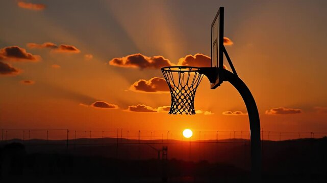 An orange basketball hoop and backboard are silhouetted against a vibrant sunset sky on an outdoor court Sports 4k video Footage