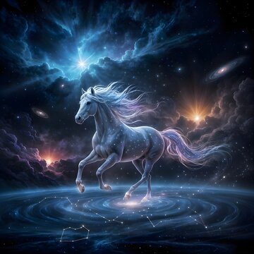 A majestic unicorn prancing through a cosmic landscape, surrounded by swirling galaxies and vibrant nebulae.