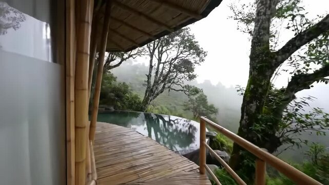 Bamboo pathway on mountain with tree and fog overlooking landscape in nature, sustainable living.