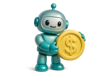 Teal cartoon robot holding golden coin, futuristic AI financial assistant bot for hospital savings, digital healthcare money management, and wealth automation