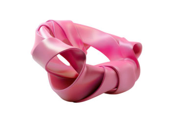 A vibrant pink ribbon intricately twisted into a unique sculptural form against a white backdrop isolated on transparent background