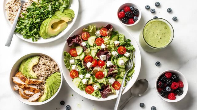 Overhead shot of fresh salads with berries and green smoothie against a white marble background. It showcases a healthy and balanced meal with vibrant colors.