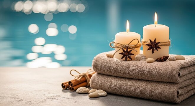 Relaxing spa ambiance with candles and towels by the pool