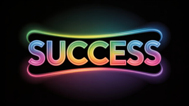 Eye catching glowing text of success in vibrant colors against dark background, radiating positivity and motivation. Perfect for inspirational themes