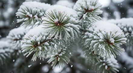 Close-up of snow-covered pine branches during a winter snowfall.