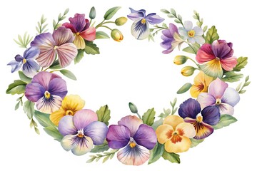 Watercolor Wreath of Pansies and Greenery for Invitations and Creative Projects