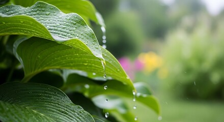 Close-up of lush green leaves with water droplets.