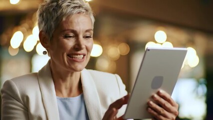 Mature woman using tablet for video call, smiling during communication, technology for business indoors. - Powered by Adobe