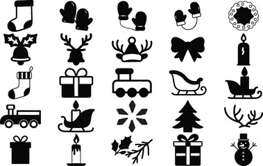 Christmas holiday silhouette icon set with tree, gift, bell, snowman, sleigh and decoration symbols