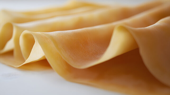 Lasagna sheets with slight overlaps, arranged neatly on a white background, emphasizing their delicate texture and golden hue.