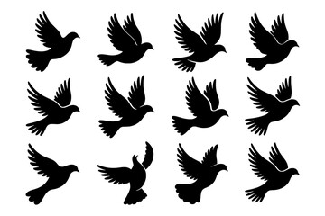 A grid of twelve solid black dove silhouettes in various flight poses. The flat vector icons, against a white background, depict different wing and tail positions, representing graceful motion.