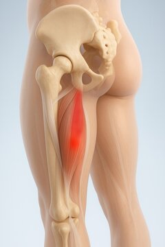 Hip and pelvic injury medical illustration showing proximal hamstring strain near ischial tuberosity, detailed biceps femoris anatomy, concept of posterior thigh pain sprint injury, educational design