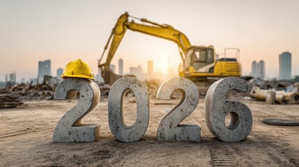Concrete numbers 2026 stand prominently on dusty ground of an active construction site. A yellow excavator and a safety helmet nearby create a rugged atmosphere under a clear blue sky