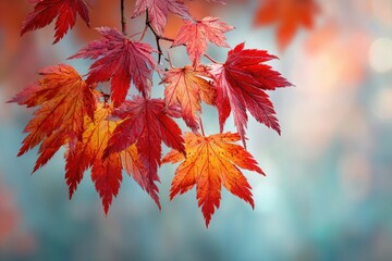 Autumn leaves in shades of red and orange hang from a branch against a blurred, muted blue and orange background