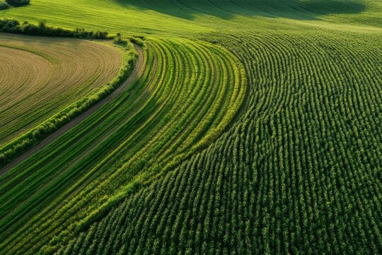 Vibrant green fields showcase agricultural patterns in a sunny rural landscape