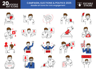 Obraz premium Hand drawn election symbols and political icons in a doodle style perfect for campaign materials and voting awareness