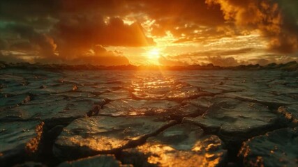 Sunset over cracked, dry earth under a dramatic sky. Ideal for articles about drought, climate change, environmental issues, and documentaries about natural disasters.
