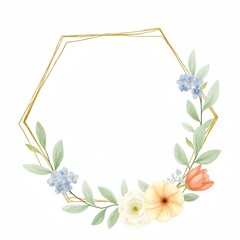 Floral geometric frame with pastel flowers and green leaves  
