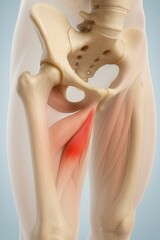 Naklejka premium Hip and pelvic injury medical illustration showing adductor strain with visible adductor longus attachment to pubis, concept of groin strain, inner thigh pain, anatomy of adductor muscle injury