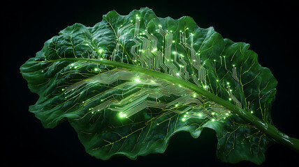 Circuitry design on a green leaf symbolizes technology integration with nature and eco-friendly technology concepts.
