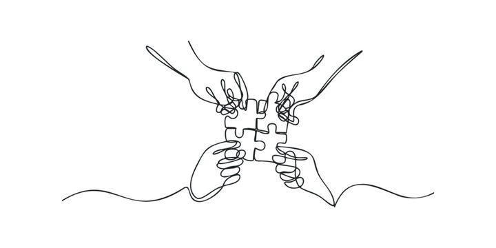 Four hands connecting puzzle pieces in a united effort
