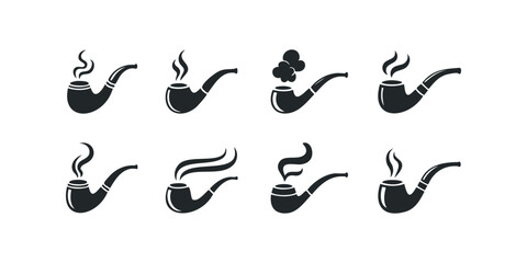 Collection of stylized tobacco pipe icons with smoke plumes